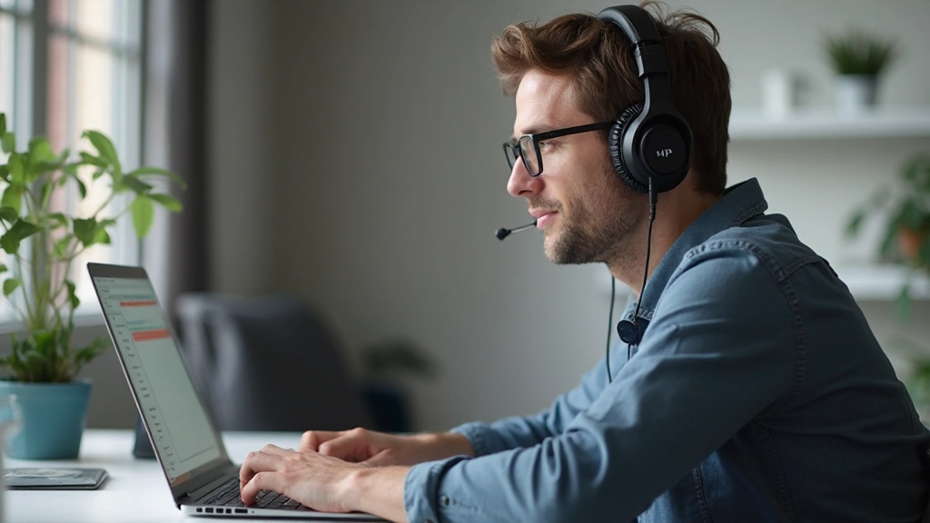 Persoon die NVDA schermlezen software test op een laptop met koptelefoon op, werkend in een schoon bureau
