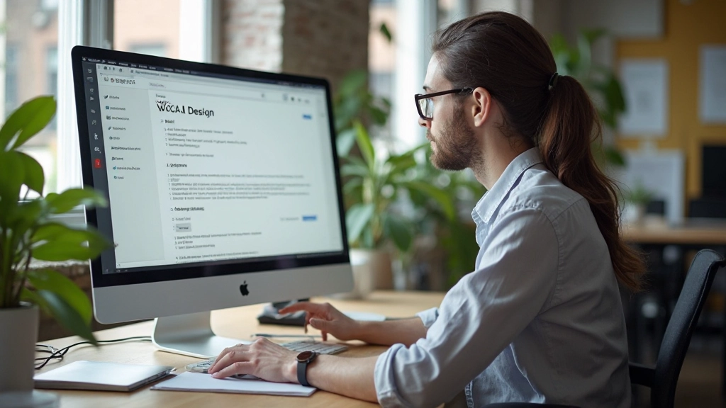 Ontwerper die aan een computer werkt met WCAG richtlijnen op het scherm